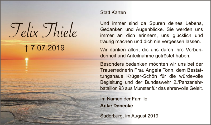  Traueranzeige für Felix Thiele vom 10.08.2019 aus Uelzen
