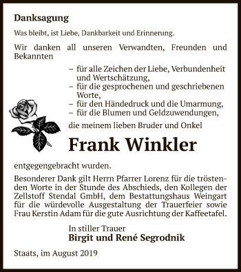 Traueranzeige von Frank Winkler von Uelzen