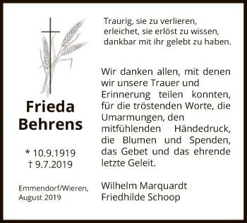 Traueranzeige von Frieda Behrens von Uelzen