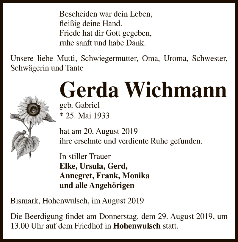  Traueranzeige für Gerda Wichmann vom 22.08.2019 aus Uelzen