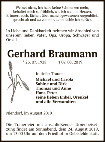 Traueranzeige von Gerhard Braumann von Uelzen