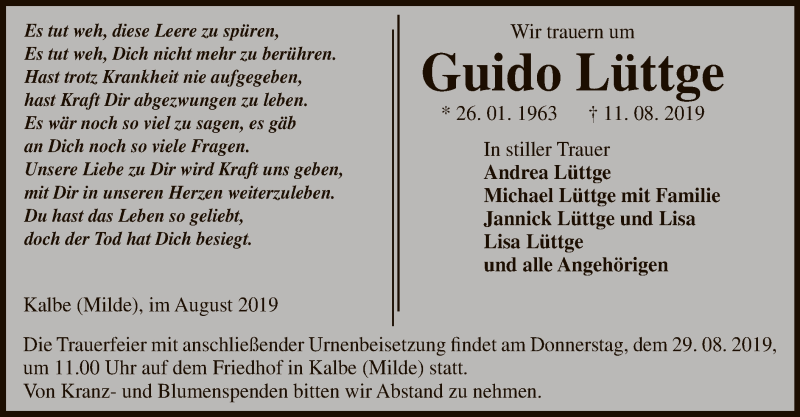  Traueranzeige für Guido Lüttge vom 13.08.2019 aus Uelzen