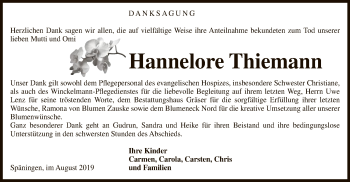 Traueranzeige von Hannelore Thiemann von Uelzen