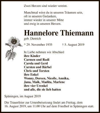 Traueranzeige von Hannelore Thiemann von Uelzen