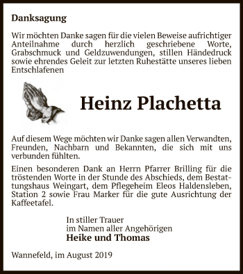 Traueranzeige von Heinz Plachetta von Uelzen