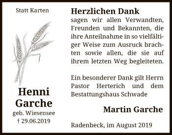 Traueranzeige von Henni Garche von Uelzen