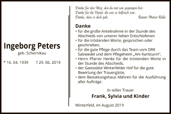 Traueranzeige von Ingeborg Peters von Uelzen