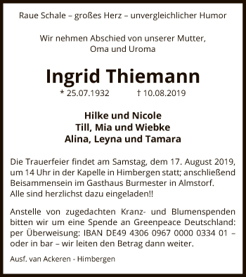 Traueranzeige von Ingrid Thiemann von Uelzen