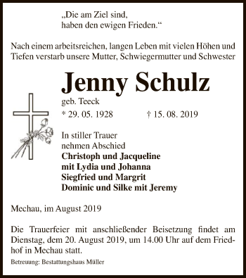 Traueranzeige von Jenny Schulz von Uelzen