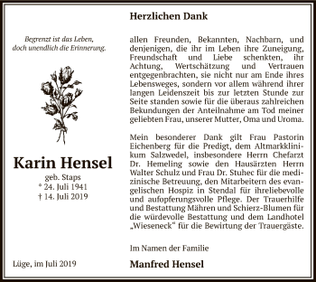 Traueranzeige von Karin Hensel von Uelzen