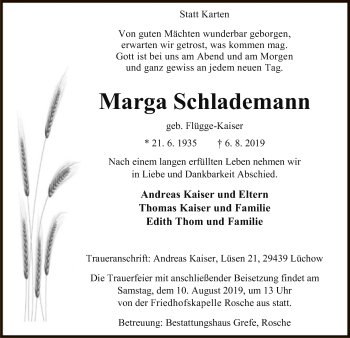 Traueranzeige von Marga Schlademann von Uelzen