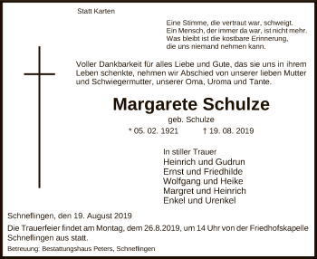 Traueranzeige von Margarete Schulze von Uelzen