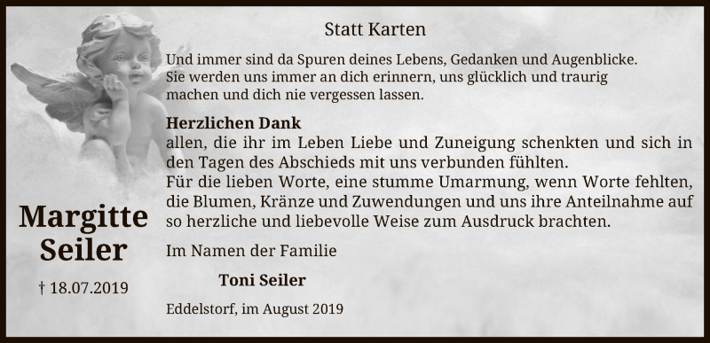  Traueranzeige für Margitte Seiler vom 24.08.2019 aus Uelzen