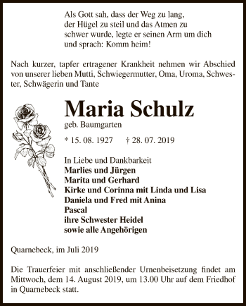 Traueranzeige von Maria Schulz von Uelzen