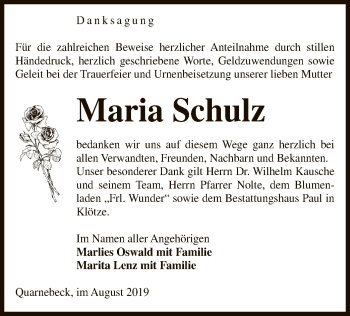 Traueranzeige von Maria Schulz von Uelzen