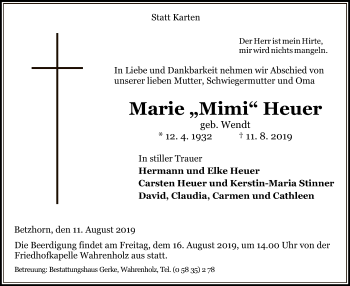 Traueranzeige von Marie Mimi Heuer von Uelzen