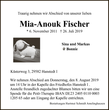 Traueranzeige von Mia-Anouk Fischer von Uelzen