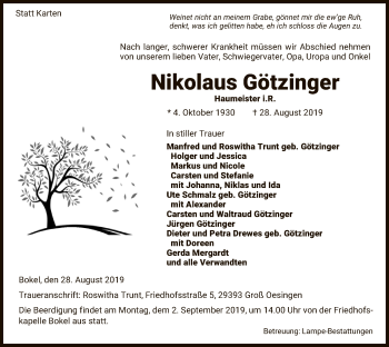 Traueranzeige von Nikolaus Götzinger von Uelzen