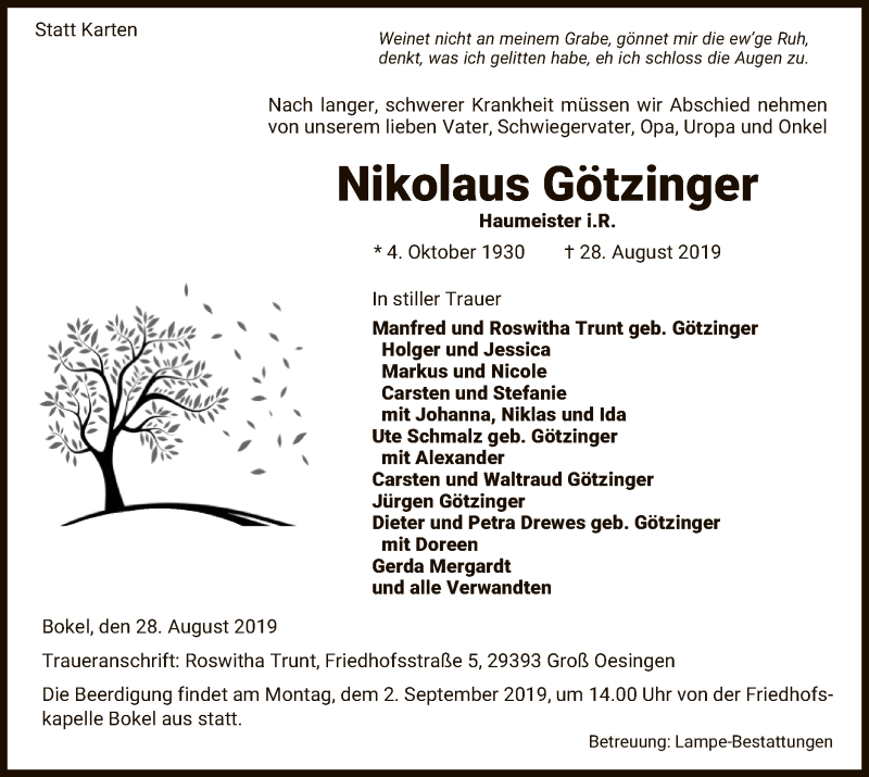  Traueranzeige für Nikolaus Götzinger vom 30.08.2019 aus Uelzen