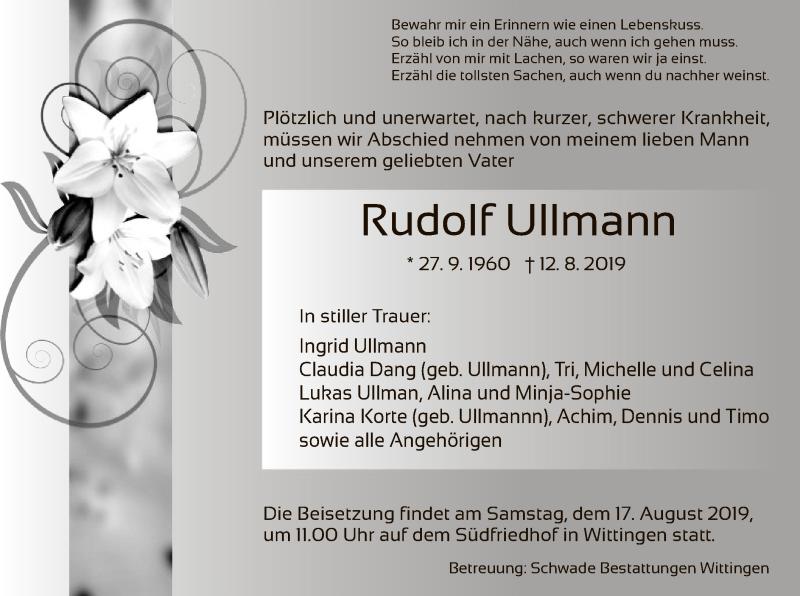  Traueranzeige für Rudolf Ullmann vom 14.08.2019 aus Uelzen