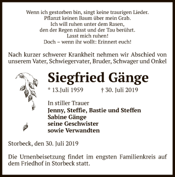 Traueranzeige von Siegfried Gänge von Uelzen