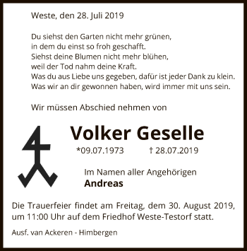 Traueranzeige von Volker Geselle von Uelzen