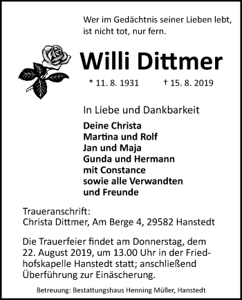 Traueranzeige von Willi Dittmer von Uelzen