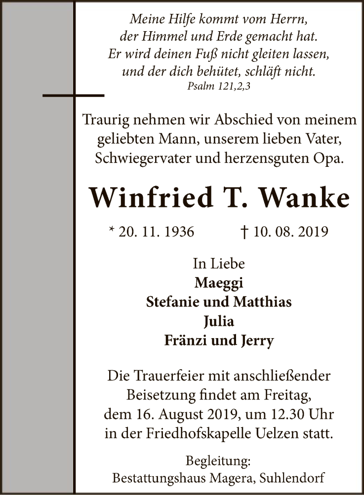 Traueranzeige für Winfried T. Wanke vom 14.08.2019 aus Uelzen