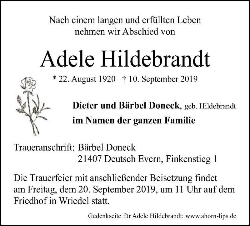  Traueranzeige für Adele Hildebrandt vom 14.09.2019 aus Uelzen