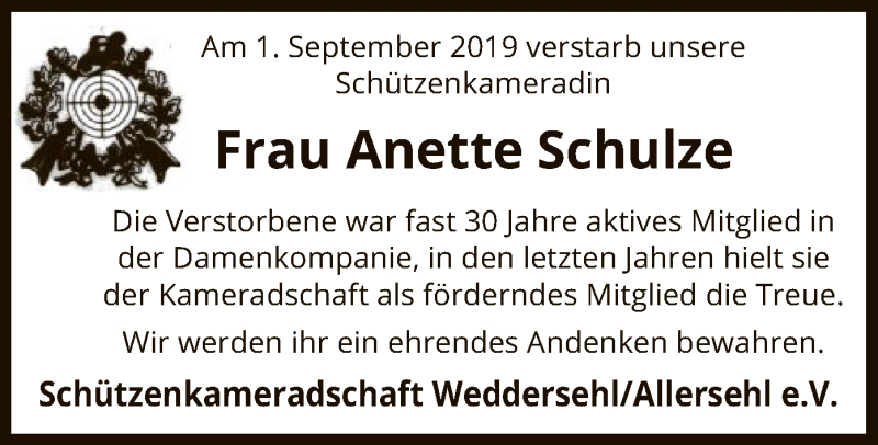  Traueranzeige für Anette Schulze vom 06.09.2019 aus Uelzen