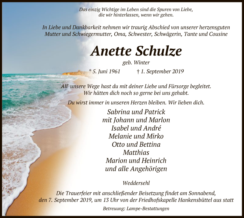  Traueranzeige für Anette Schulze vom 04.09.2019 aus Uelzen