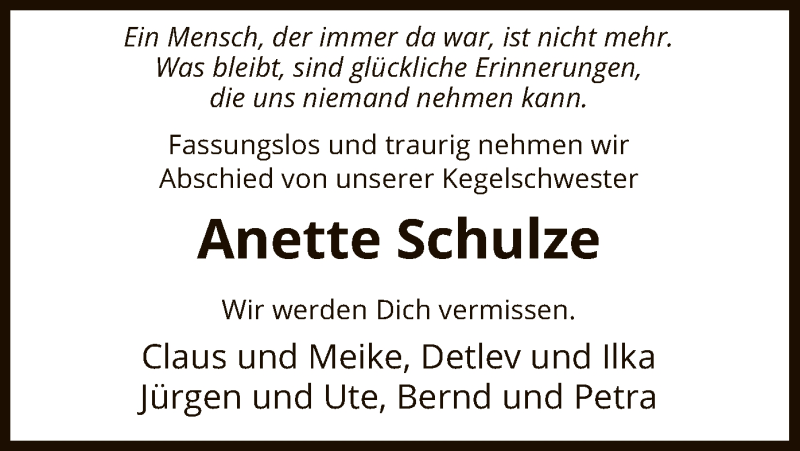  Traueranzeige für Anette Schulze vom 05.09.2019 aus Uelzen