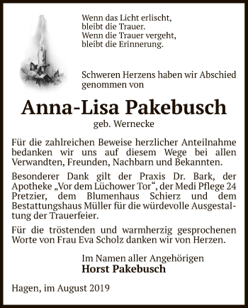 Traueranzeige von Anna-Lisa Pakebusch von Uelzen