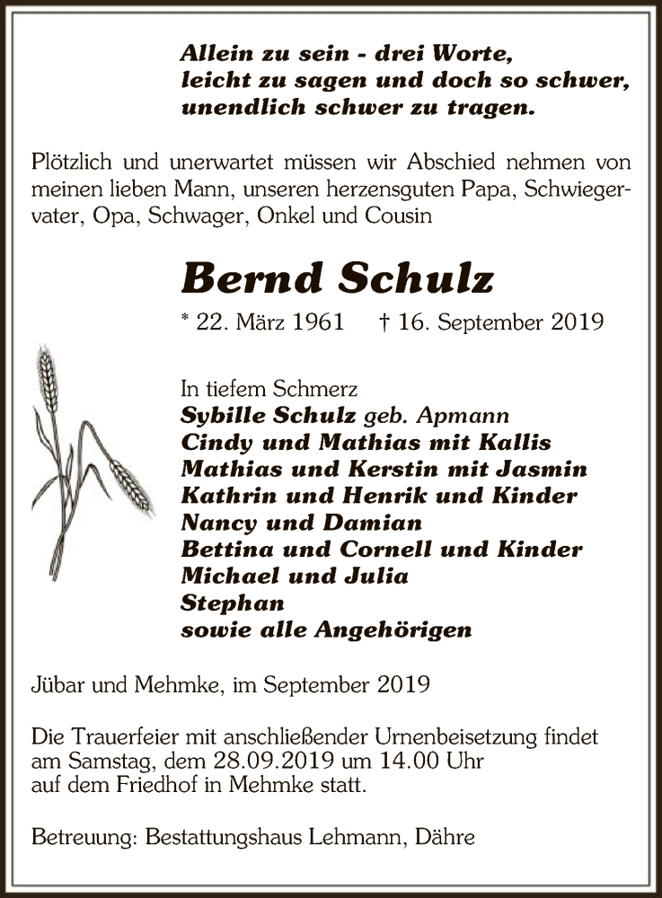  Traueranzeige für Bernd Schulz vom 19.09.2019 aus Uelzen