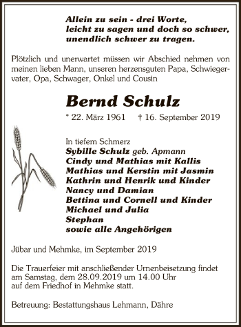 Traueranzeige von Bernd Schulz von Uelzen