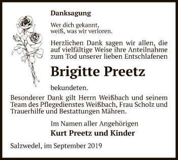 Traueranzeige von Brigitte Preetz von Uelzen