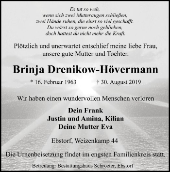 Traueranzeige von Brinja Drenikow-Hövermann von Uelzen