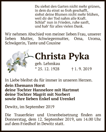 Traueranzeige von Christa Pyka von Uelzen