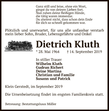 Traueranzeige von Dietrich Kluth von Uelzen