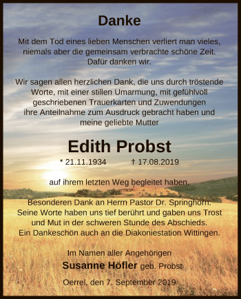 Traueranzeige von Edith Probst von Uelzen