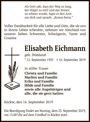 Traueranzeige von Elisabeth Eichmann von Uelzen