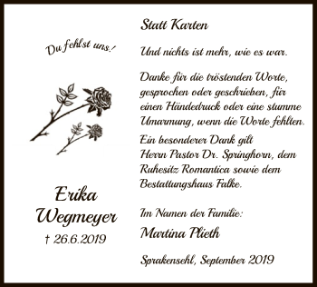 Traueranzeige von Erika Wegmeyer von Uelzen