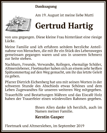 Traueranzeige von Gertrud Hartig von Uelzen