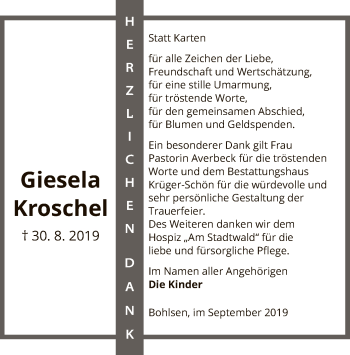 Traueranzeige von Giesela Kroschel von Uelzen