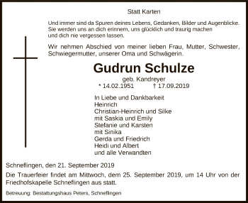 Traueranzeige von Gudrun Schulze von Uelzen