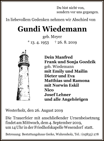 Traueranzeige von Gundi Wiedemann von Uelzen