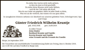 Traueranzeige von Günter Friedrich Wilhelm Keuntje von Uelzen