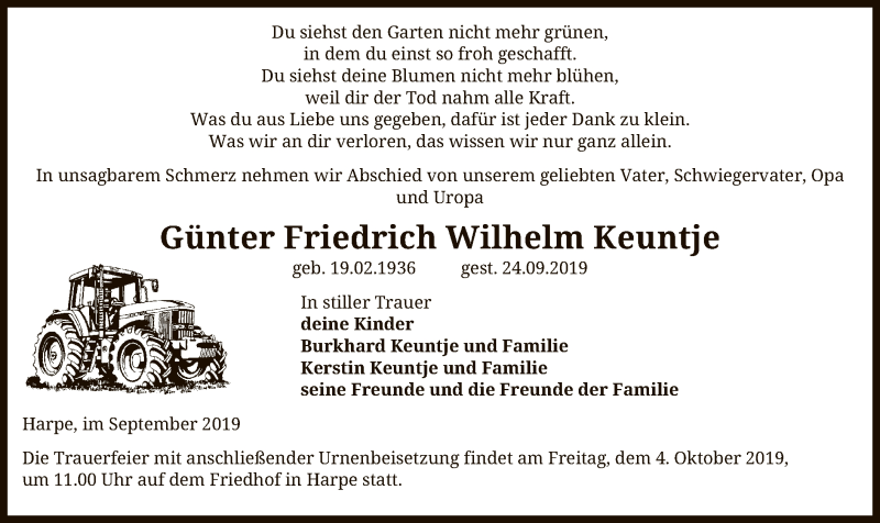  Traueranzeige für Günter Friedrich Wilhelm Keuntje vom 26.09.2019 aus Uelzen