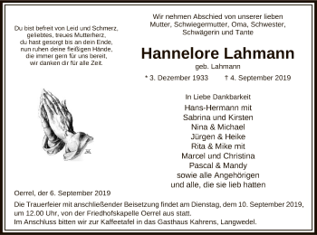 Traueranzeige von Hannelore Lahmann von Uelzen