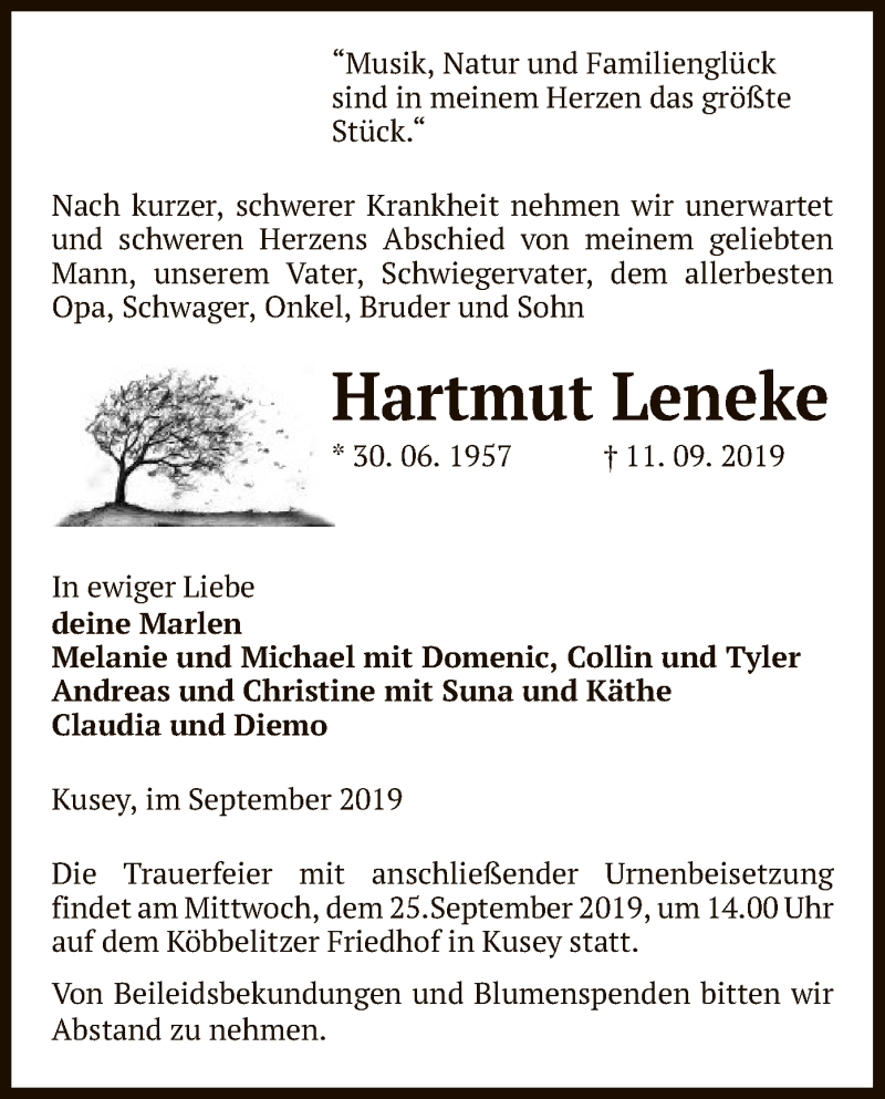  Traueranzeige für Hartmut Leneke vom 14.09.2019 aus Uelzen